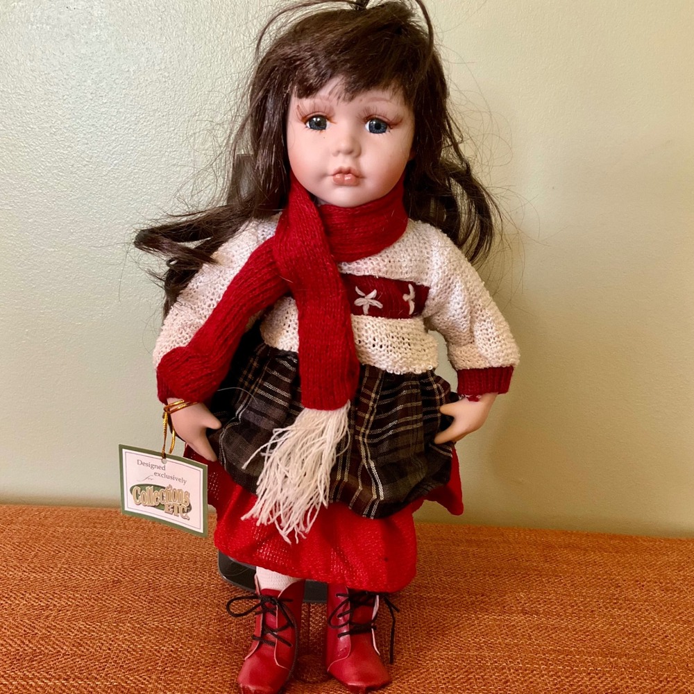 Collections Etc Porcelain Doll Winter Outfit Red Scarf Plaid Skirt Brunette 12in